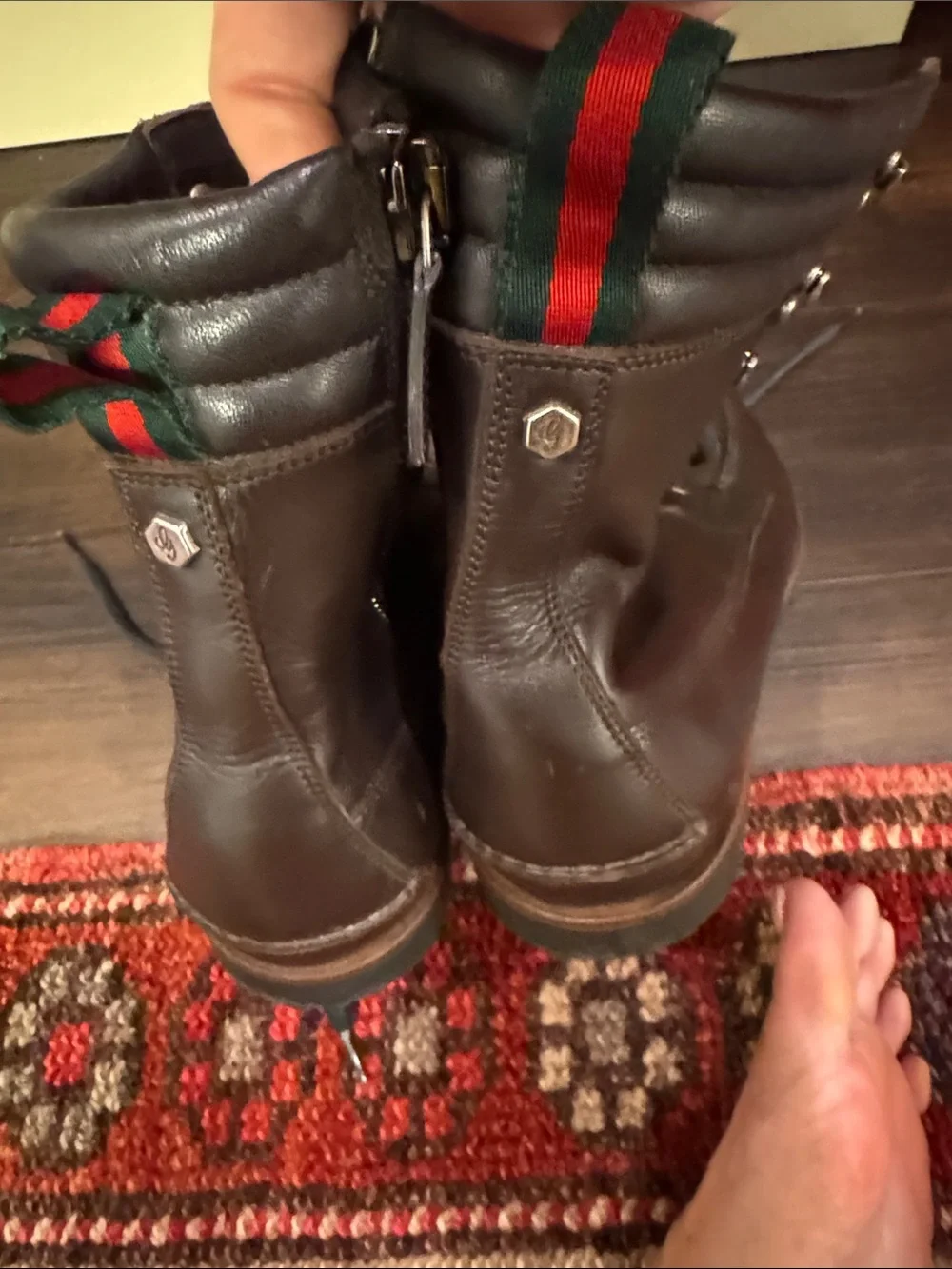 Gucci Dark Brown Leather Lace-Up Men's Boots with Web Heel Loop